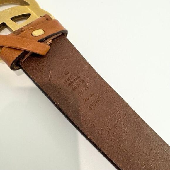 GUCCI Brown Leather Loved Double G Gold Buckle Belt 75 Embossed Logo Palm Tree main image 5